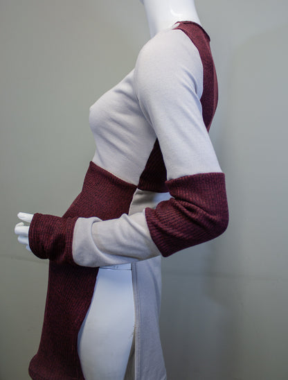 SIDE SLASH SHIRT - GREY AND RED RIB KNIT