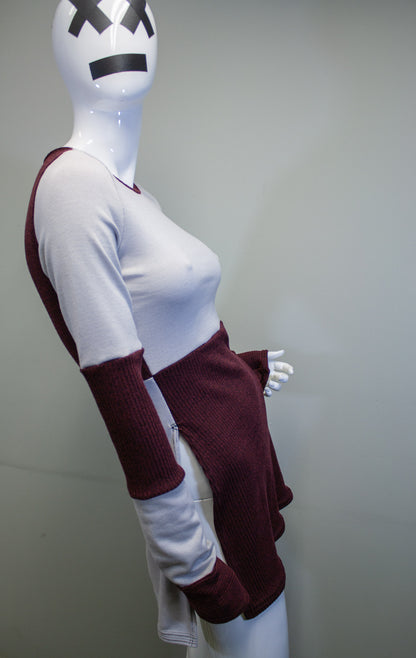 SIDE SLASH SHIRT - GREY AND RED RIB KNIT