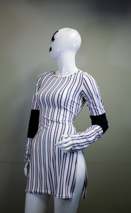 SIDE SLASH SHIRT - CHARCOAL, RED & WHITE STRIPES