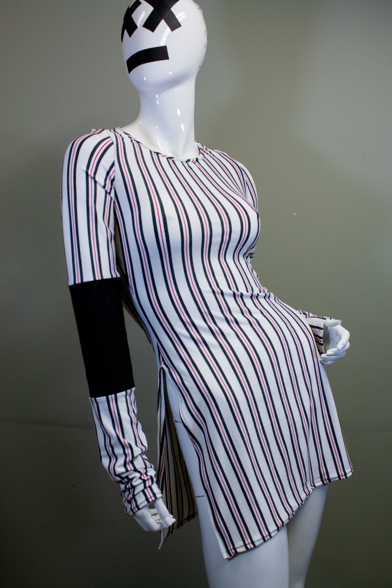 SIDE SLASH SHIRT - CHARCOAL, RED & WHITE STRIPES
