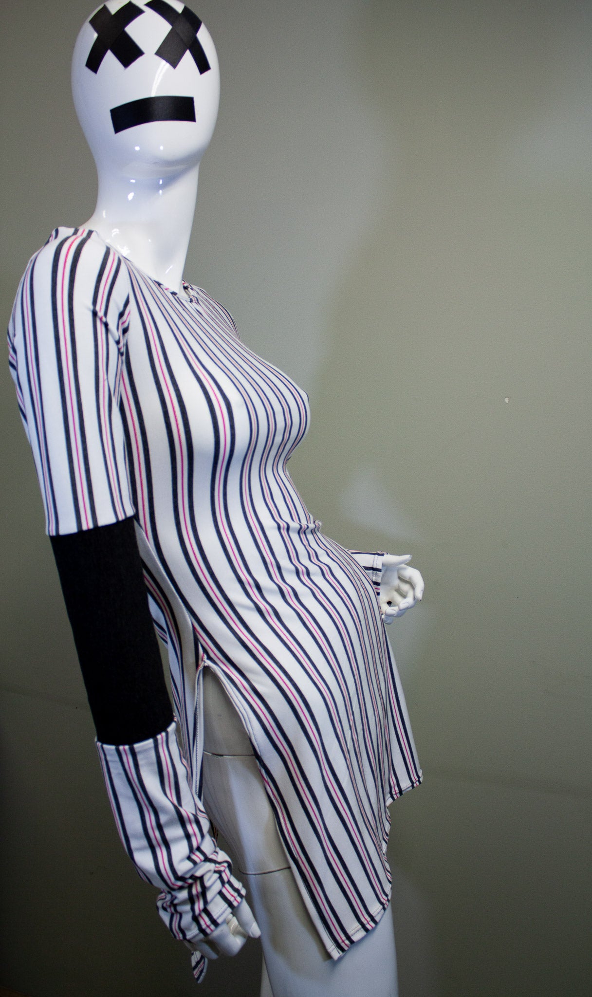 SIDE SLASH SHIRT - CHARCOAL, RED & WHITE STRIPES